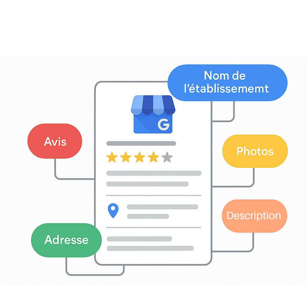 Exemple de structure de fiche Google My Business optimisée par un expert SEO local Structure d’une fiche optimisée avec l’aide d’un consultant Google My Business